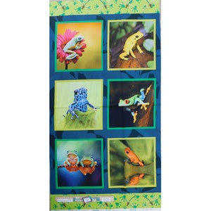May include: A fabric panel with six different images of frogs. The frogs are in various colors, including green, blue, yellow, and orange. The fabric is blue with green borders and a green and white pattern at the bottom.