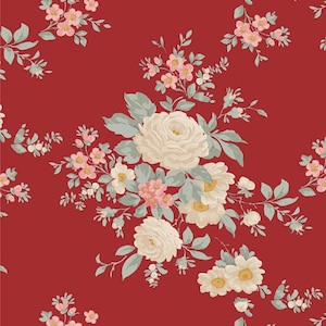 May include: A seamless pattern featuring clusters of white roses, small pink flowers, and green leaves on a deep red background. The floral design is repeated across the surface, creating a classic and elegant look.