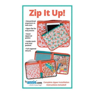 May include: A sewing pattern for a zippered organiser with the title "Zip It Up!" The pattern includes instructions for a full zippered closure, outer zippered pocket, inside mesh and vinyl pockets, and comes in two sizes. The pattern is by Annie.com.