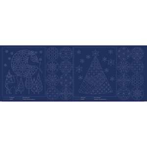 May include: A blue fabric panel with three white outlines of a deer in a forest, a Christmas tree, and snowflakes. The outlines are made up of geometric shapes.