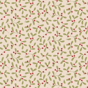 May include: A repeating pattern featuring green mistletoe leaves and red berries set against a light beige backdrop. The leaves are stylized and arranged symmetrically, creating a festive, seasonal design. Ideal for fabric or wallpaper applications.