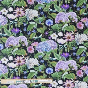 May include: A black fabric with a floral pattern featuring hydrangeas, anemones, and other flowers in shades of purple, blue, white, and pink. The fabric is accented with dragonfly and vine details.