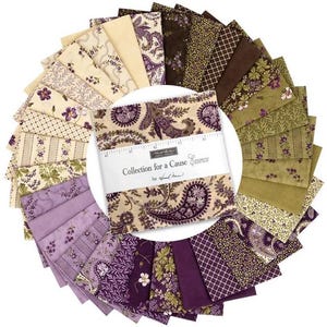 May include: A collection of fabric squares featuring floral and paisley designs in purple, cream, and olive green hues. The bundle is labelled "Collection for a Cause Essence". The fabrics are arranged in a circular pattern.
