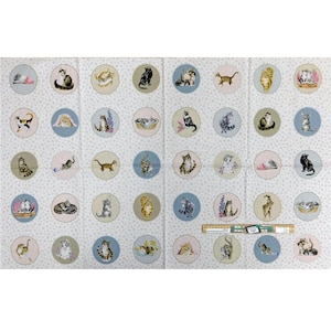 May include: A white fabric with a repeating pattern of circles featuring various cats in different poses. Each circle has a light blue, pink, or beige background. The fabric is ideal for quilting, crafts, and home decor projects.