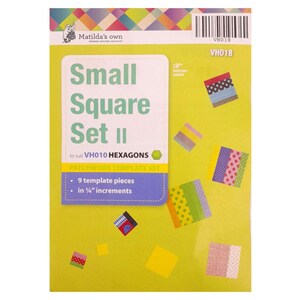 May include: A Matilda's Own Small Square Set II patchwork template set in a lime green package. The packaging features the text Small Square Set II, to suit VH010 HEXAGONS, 9 template pieces, and in 1/4 inch increments with a barcode.