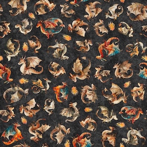 May include: A seamless pattern featuring a variety of colorful dragons on a dark gray background. The dragons are depicted in various poses, with some flying, some perched, and some curled up. The pattern is perfect for adding a touch of whimsy and magic to any project.