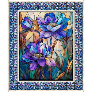 May include: A stained glass panel featuring three large, stylized blue and purple flowers with yellow centers. The flowers are set against a background of warm, earthy tones, framed by a border of blue floral patterns.