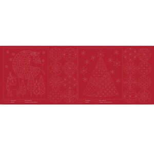 May include: Red fabric featuring three white geometric designs. The designs are a deer in a circle, a Christmas tree, and a snowflake. The fabric is suitable for quilting or other crafts.