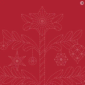 May include: A deep red fabric featuring a white stitched design of a stylized tree. The tree is decorated with various geometric ornaments, including stars, spheres, and hexagonal shapes, all rendered in a simple, dashed white line embroidery pattern.