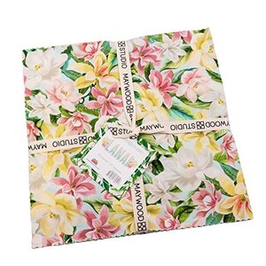 May include: A pack of fabric squares featuring a floral print with pink, white, and yellow flowers on a light blue background. The fabric is labelled "Lana" and "Studio Maywood".