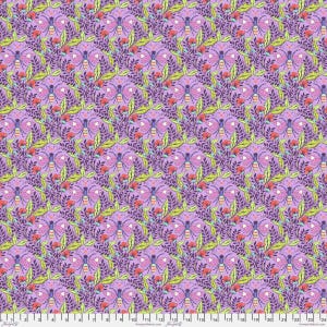 May include: A repeating pattern featuring butterflies, leaves, and flowers in purple, pink, green, and red. The design showcases detailed illustrations of insects and foliage, creating a whimsical, nature-inspired aesthetic. The fabric has a light purple background.