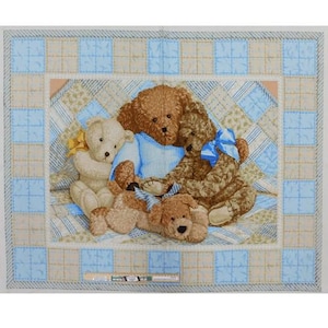 May include: A fabric quilt depicting a group of teddy bears. The bears are in shades of brown and cream, with blue bows and clothing. The quilt has a blue and beige checkered border and a patchwork background.