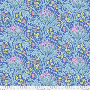 May include: A repeating pattern of blue, pink and yellow stylised flowers on a light blue background. The flowers are outlined in a darker blue and have a detailed design.