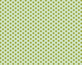 May include: A repeating pattern of olive green polka dots on a light green background. The dots are evenly spaced and create a visually appealing design. This pattern is suitable for various craft projects and fabric designs.