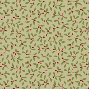 Könnte beinhalten: Ein sich wiederholendes Muster aus grünen Mistelzweigen mit roten Beeren auf hellgrünem Hintergrund. Die Blätter sind dunkelgrün und die Beeren klein und rund. Geeignet für Bastelarbeiten zum Thema Feiertage.