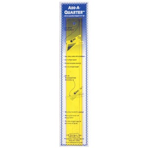 May include: A yellow Add-A-Quarter ruler with a blue and white patterned border. The ruler has measurements and text that reads "ADD-A-QUARTER" and "CM Designs, Inc.". It is designed for use with templates and rotary cutters.