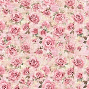 May include: A repeating pattern of pink roses with green leaves on a light pink and beige background. The roses vary in size and are densely packed, creating a floral design. The overall effect is soft and romantic.