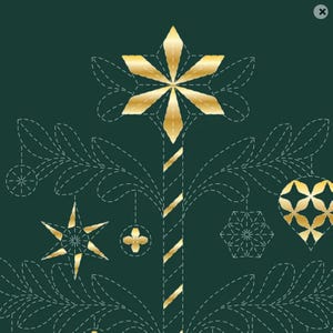 May include: A dark green fabric featuring a stitched pattern of a tree with a central striped trunk. The design includes gold-coloured metallic accents in the shape of a large top star, a smaller star, a circular ornament, a hexagon, and a heart.