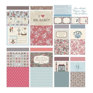 May include: A set of fabric squares with various patterns, including floral, polka dot, and geometric designs. The fabric squares feature text from the novel Pride and Prejudice, including "I love Mr. Darcy" and "You must allow me to tell you how dearly I admire and love you."