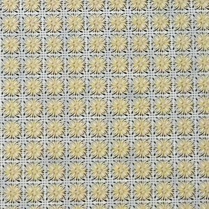 May include: A white fabric with a repeating pattern of small yellow flowers in a grid pattern.