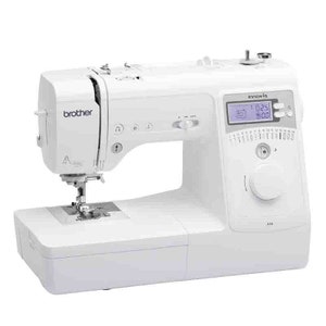 May include: A white Brother Innovis A16 sewing machine. The machine has a digital display, a needle, and a bobbin area. The Brother logo is visible on the left side of the machine. The machine is designed for sewing projects.