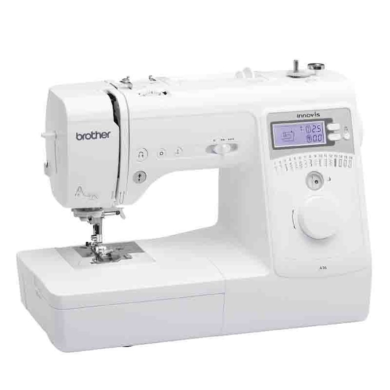 May include: A white Brother Innovis A16 sewing machine. The machine has a digital display, a needle, and a bobbin area. The Brother logo is visible on the left side of the machine. The machine is designed for sewing projects.