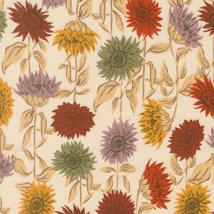 May include: A fabric pattern featuring a repeating floral design of sunflowers in shades of rust red, muted yellow, sage green, and dusty purple. The flowers are depicted with long, thin stems and leaves against a solid cream-coloured background.