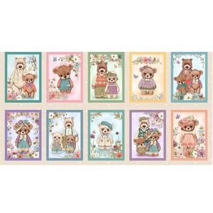 May include: Nine colourful squares each featuring a family of bears. The bears are wearing different clothes and are surrounded by flowers. The squares have a white background with a light brown border.