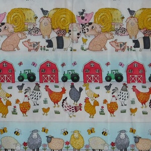 May include: A colourful fabric panel with a farm theme. The panel features red barns, tractors, chickens, sheep and hay bales. The fabric is perfect for quilting, crafts and home decor.