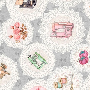 May include: A repeating pattern featuring sewing machines, roses, spools of thread, and scissors. The designs are set within white lace-like circles against a grey background. The sewing machines are in various colours, including pink and green.