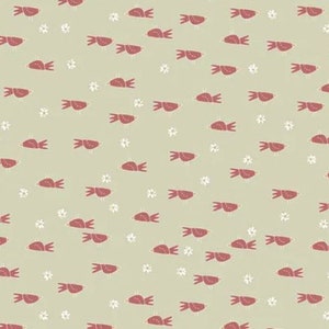 May include: A seamless pattern featuring a repeating design of red stylised birds on a light green background with white flower accents.
