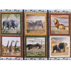 May include: A colourful fabric panel featuring six different images of African animals. The images include a rhinoceros, zebras, lions, giraffes, ostriches, and elephants.