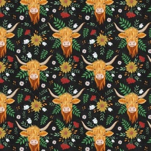 May include: A repeating pattern featuring Highland cow faces with long horns, set amongst sunflowers, white daisies, red berries, and green leaves on a black backdrop. Ideal for fabric or wallpaper.