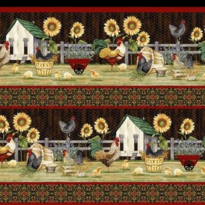 May include: A repeating pattern depicting a farm scene with sunflowers, chickens, and small houses. The design includes roosters, hens, chicks, and a rustic fence. The colour palette is warm, with shades of yellow, green, and brown.
