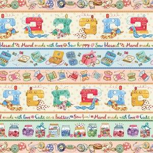 May include: A colourful digital paper design featuring sewing machines, buttons, spools of thread, and sewing notions. The design includes the text "Blessed", "Hand made with love", "Sew happy", "Sew blessed", "Hand made with love", "Cute as a button", "Sew fun!" and "Cute as a button".
