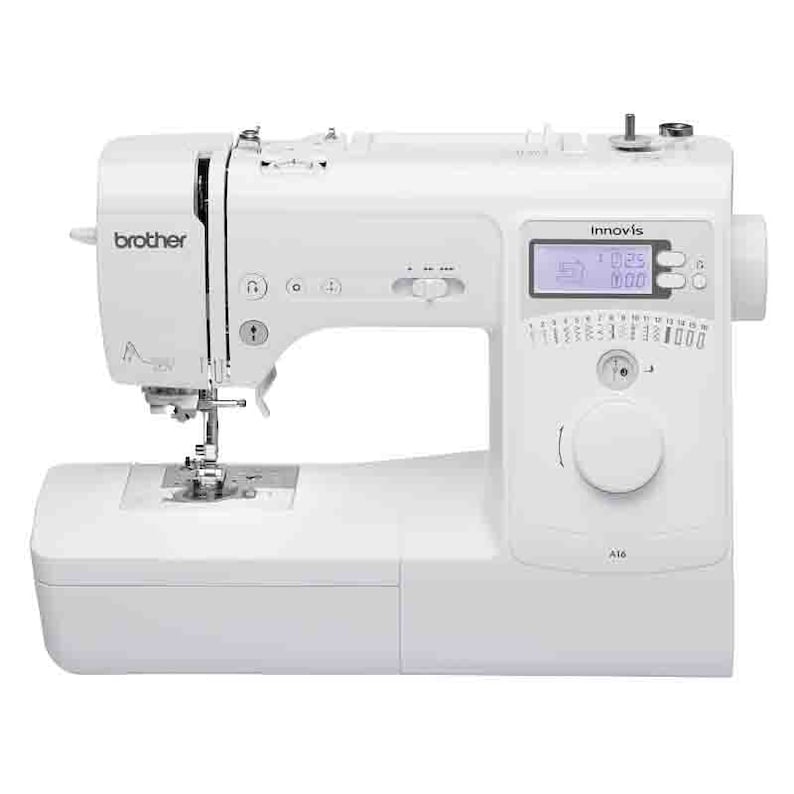May include: A white Brother Innov-is A16 sewing machine. The machine has a digital display, a large dial, and various buttons and settings. The Brother logo is visible on the front of the machine.