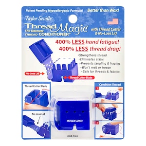 May include: A blue Thread Magic thread conditioner with a thread cutter and no-lose lid. The packaging includes the text "Patent Pending Hypoallergenic Formula! Better than Wax!" and "400% LESS hand fatigue!" and "400% LESS thread drag!"