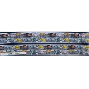 May include: A repeating pattern of vintage cars in various colours, including yellow, orange, pink, blue, and green, set against a black and white background. The cars are depicted in a faded, distressed style, suggesting they are old and worn.