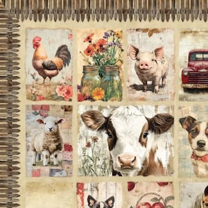 Peut inclure: Un tissu patchwork avec des illustrations d'animaux de la ferme. Le motif comprend un coq, un cochon, une vache et un mouton, ainsi que des bocaux de fleurs et un camion rouge vintage. La palette de couleurs est chaleureuse, avec des tons beige, marron et rouge.