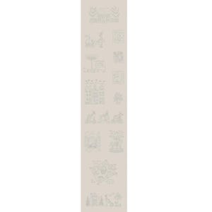 May include: A vertical light beige fabric panel featuring a repeating pattern of delicate, light green line-art illustrations. The designs include small houses, bicycles, a carousel horse, trees, and various whimsical scenes arranged in a grid-like layout.