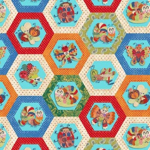 May include: A vibrant fabric design showcasing playful insect motifs, such as bees, butterflies, and ladybirds, arranged in hexagonal shapes. The insects are made with patchwork, and the background is a light blue colour.
