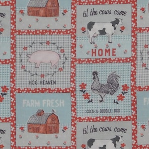 May include: A blue and white patterned fabric with red accents features various farm animals and sayings. The fabric includes a pig, a rooster, a cow, and a barn. The text on the fabric includes "Hog Heaven", "Farm Fresh", "Cock-a-doodle-doo", and "Til the cows come home".