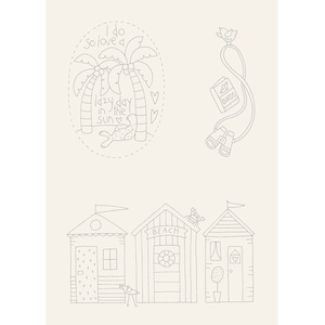 May include: A black and white illustration of beach huts with a palm tree and a bird. The text "I do so love a lazy day in the sun" is written in a circle around the palm tree. The text "Beach" is written on one of the huts.