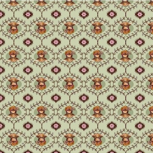 May include: A repeating pattern featuring watercolor illustrations of Highland cows with floral accents. The cows are set within oval frames connected by a brown, stylized vine design, against a light green background with pink and brown geometric shapes.