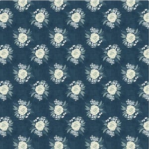 May include: A dark navy blue fabric featuring a repeating pattern of white floral bouquets. Each bouquet consists of a central large flower surrounded by smaller blossoms and leaves, creating a consistent and symmetrical botanical design.