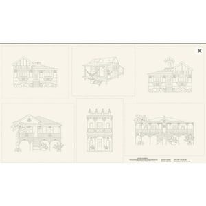 Könnte beinhalten: Ein Stoffpaneel mit sechs verschiedenen architektonischen Strichzeichnungen von Häusern in dunkelgrauer Tinte auf cremefarbenem Hintergrund. Die Illustrationen zeigen verschiedene Wohnstile, darunter erhöhte Strukturen und Veranden.