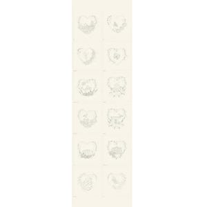 May include: A vertical grid of twelve square cards, each featuring a delicate grey line drawing of a heart shape filled with various botanical and garden-themed illustrations, including flowers, a beehive, a birdhouse, and a birdbath.