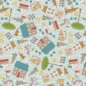 May include: A light blue fabric featuring a repeating pattern of houses, sailboats, cats, birds, trees, and flowers. The design includes multi-coloured houses with windows, brown cats with blue bows, pink birds, green trees, and yellow floral accents.