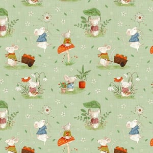 May include: A repeating pattern on a pale green background shows charming illustrations of mice in different scenarios. Some mice are pushing carts of oranges, others are under leaves, and some are on mushrooms. The design includes flowers and dandelions.