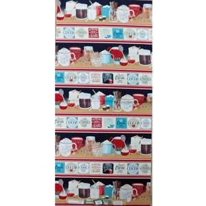 May include: A dark blue fabric with a repeating pattern of mugs, jars, and bowls filled with hot chocolate ingredients. The pattern includes red, white, and blue accents, and the text "Cocoa" is repeated throughout.